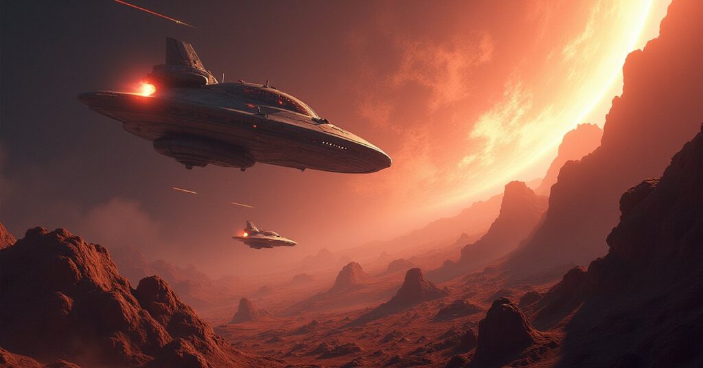 The Enterprise above an asteroid mining field as two alien fleets face off