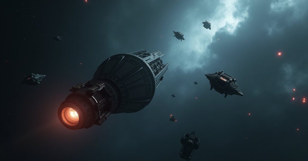 A starship defending a dark Section 31 control station from waves of attacking ships