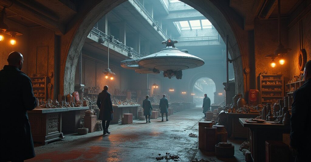 A starship facing a mercenary at a ship merchant's yard in Star Trek Fleet Command