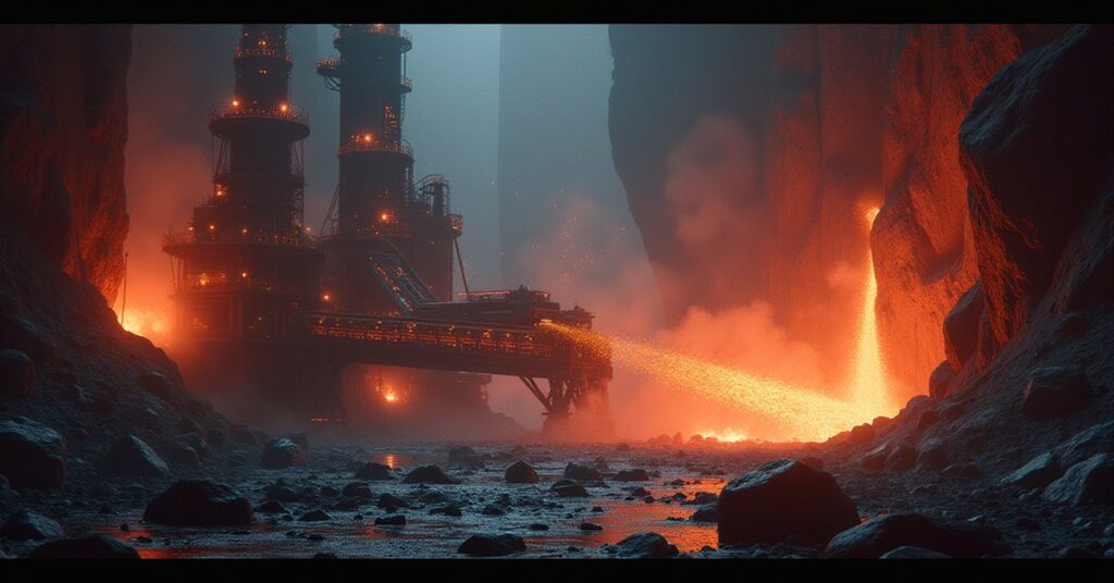 A space station refinery processes glowing raw ore and crystal through furnaces