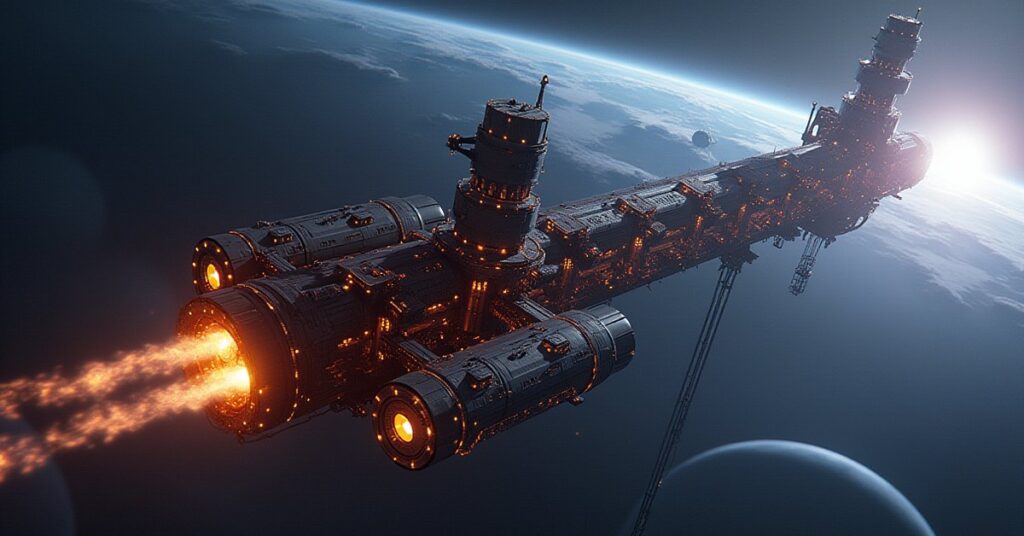 An orbital refinery processing glowing raw materials beside a space station in Star Trek Fleet Command