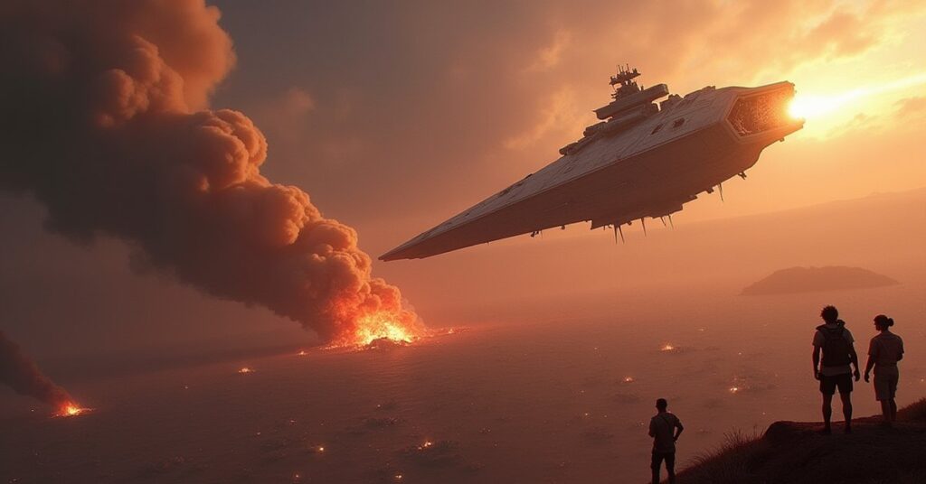 A starship destroys drifting bombs near a ravaged colony as survivors watch from escape pods
