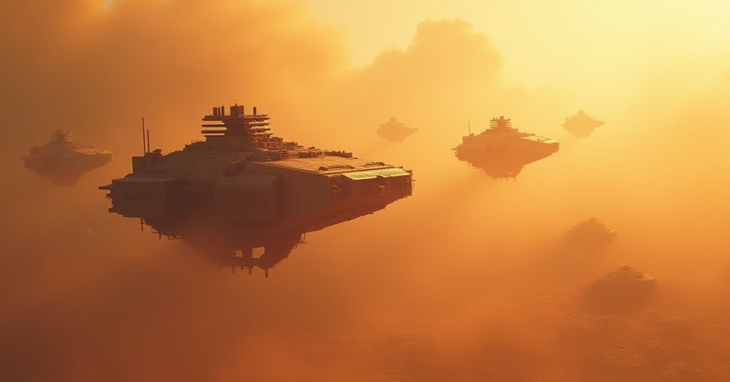 A starship hunting Takret Militia battleships through an amber dust cloud in Star Trek Fleet Command