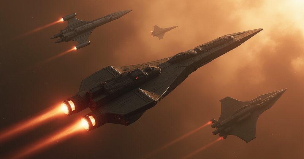 A starship shielding fleeing transports from enemy warships in Star Trek Fleet Command