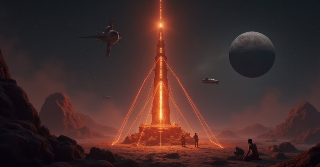 A starship helping raise a glowing subspace relay tower on a rocky moon in Star Trek Fleet Command