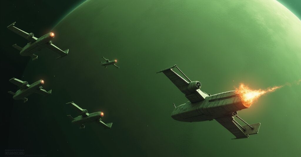 An attacking fleet besieging a green Romulan capital world with burning warbirds in orbit in Star Trek Fleet Command
