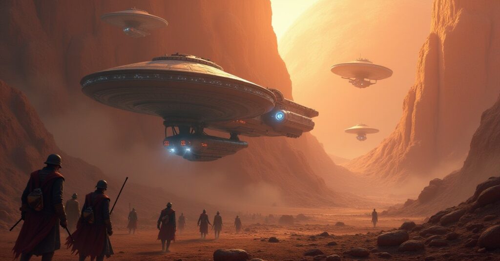 A starship guarding a damaged colony planet from Nausicaan raiders in Star Trek Fleet Command