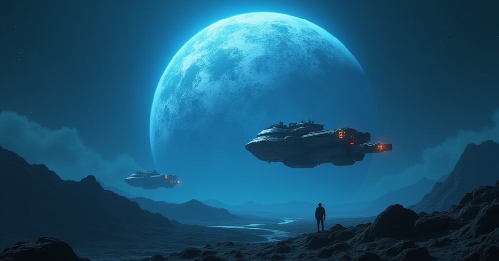 A small starship scanning an ancient anomaly near a blue planet in Star Trek Fleet Command