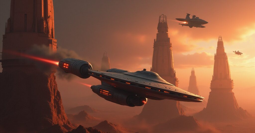 A starship defending a besieged Reman world from a Romulan warship in Star Trek Fleet Command
