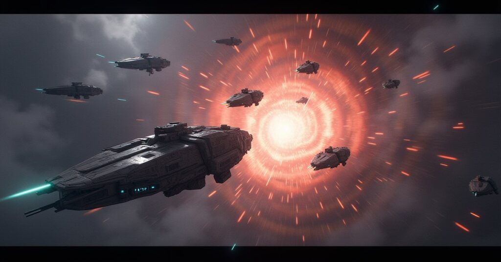 Allied ships forming an antimatter barrier around a swirling anomaly as Surgewalkers emerge