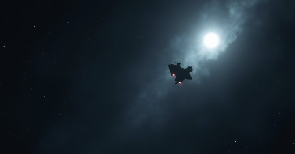 A starship shadowing a mysterious agent vessel through a dark nebula in Star Trek Fleet Command