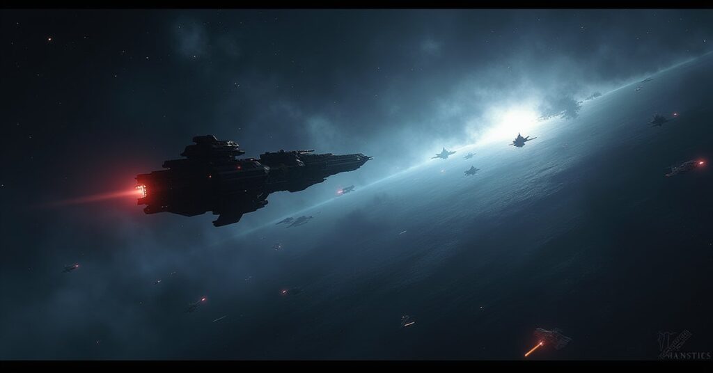 A starship entering a dark syndicate nebula with hostile ships in the distance in Star Trek Fleet Command