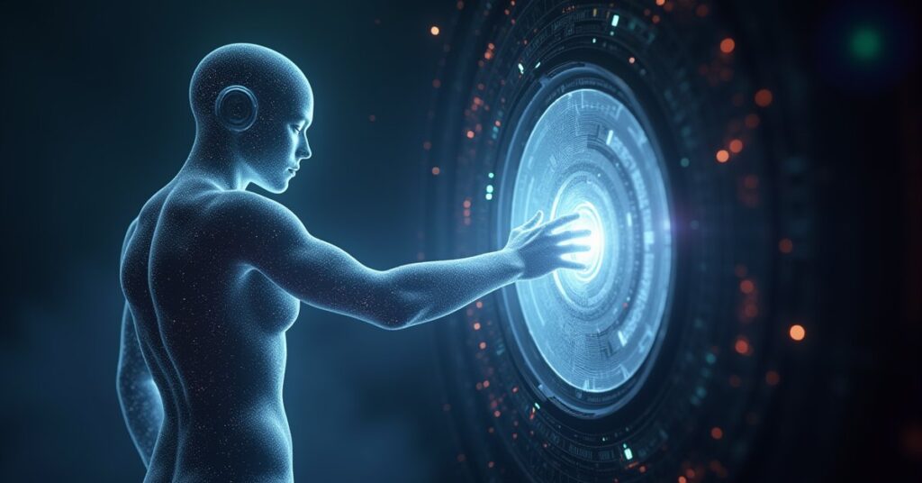 A holographic A.I. figure reaching toward a glowing ancient artifact inside a station core in Star Trek Fleet Command