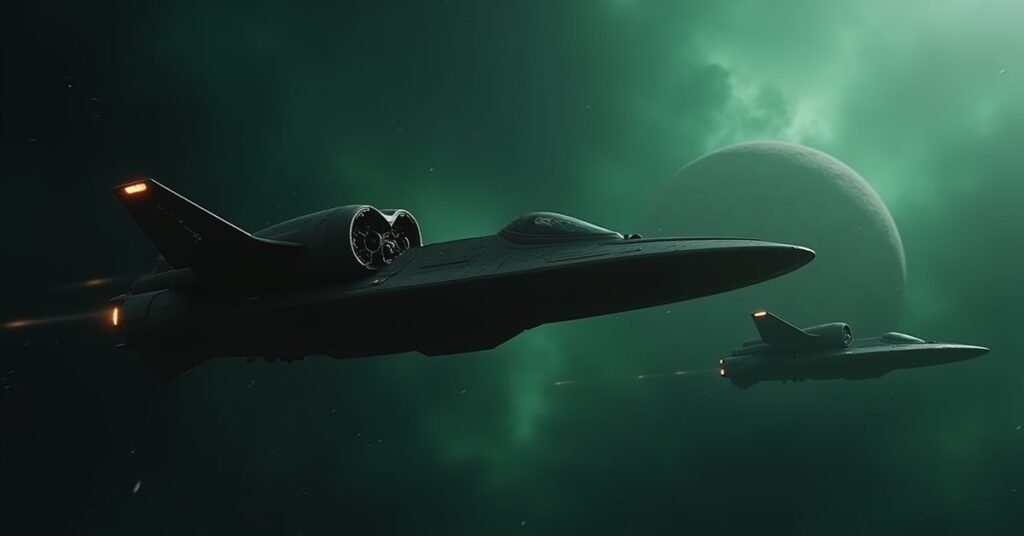 A Romulan warbird disabling a Klingon cruiser in a dark green nebula in Star Trek Fleet Command