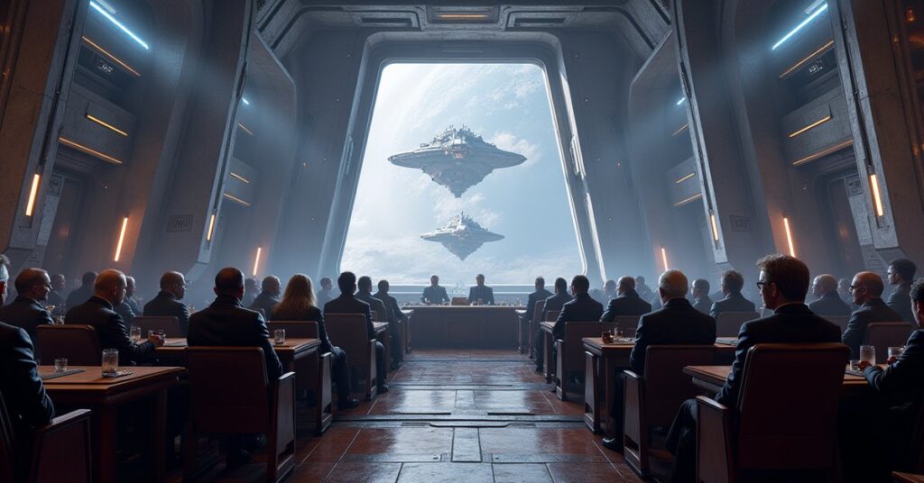 Faction leaders gathered in a space station hall to form a compact, with many starships outside