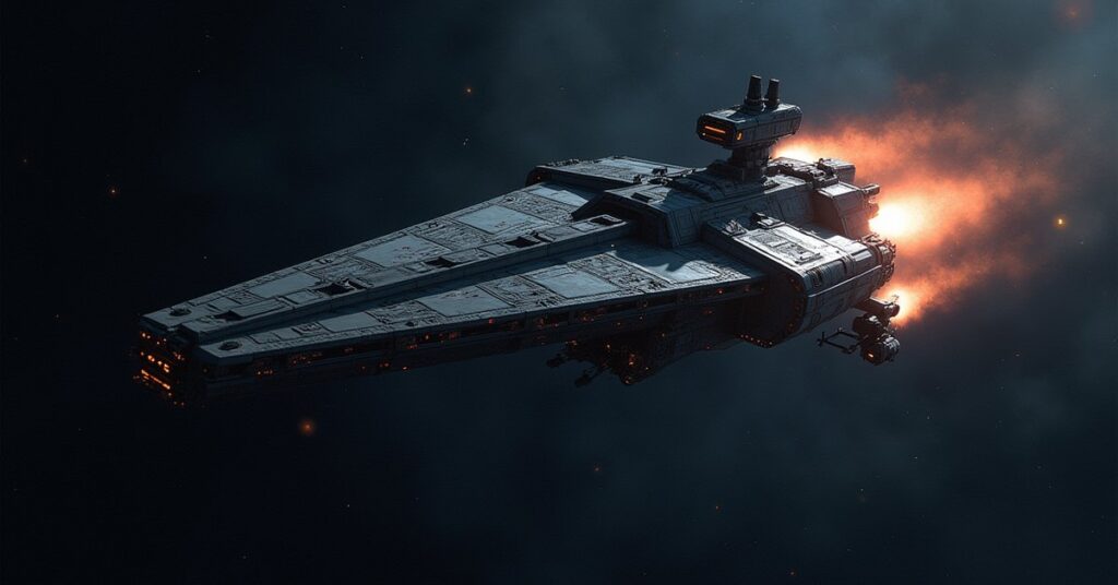 A small starship docked at a space station while repair drones fix its hull in Star Trek Fleet Command