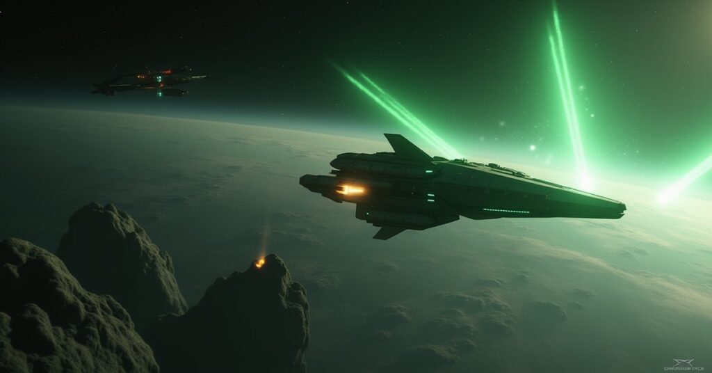A Federation cruiser attacking a Romulan warship above a burning weapons lab on a moon in Star Trek Fleet Command