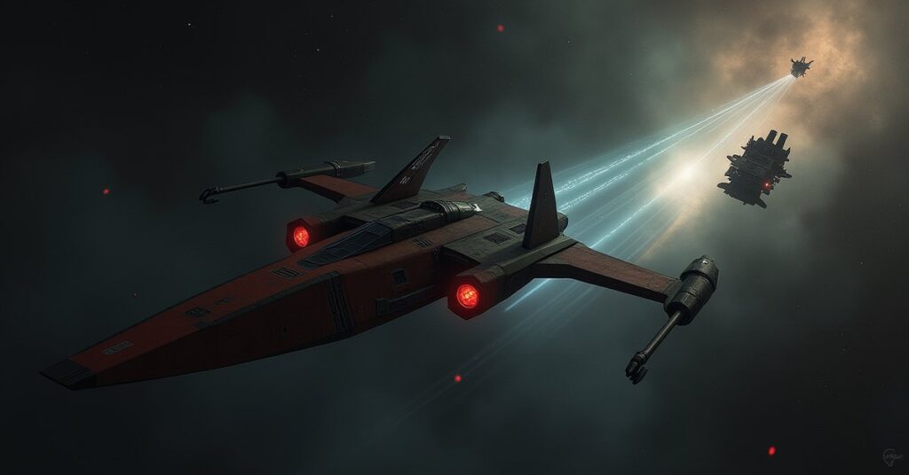 A Romulan warbird following a warp trail to a Vulcan scout ship in Star Trek Fleet Command
