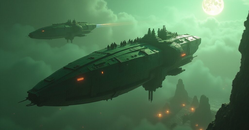 A starship intercepting an Orion slaver ship above a colony in Star Trek Fleet Command