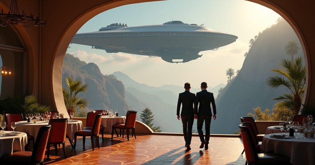 Two officers leave an elegant alien restaurant as a Klingon ship looms in orbit above