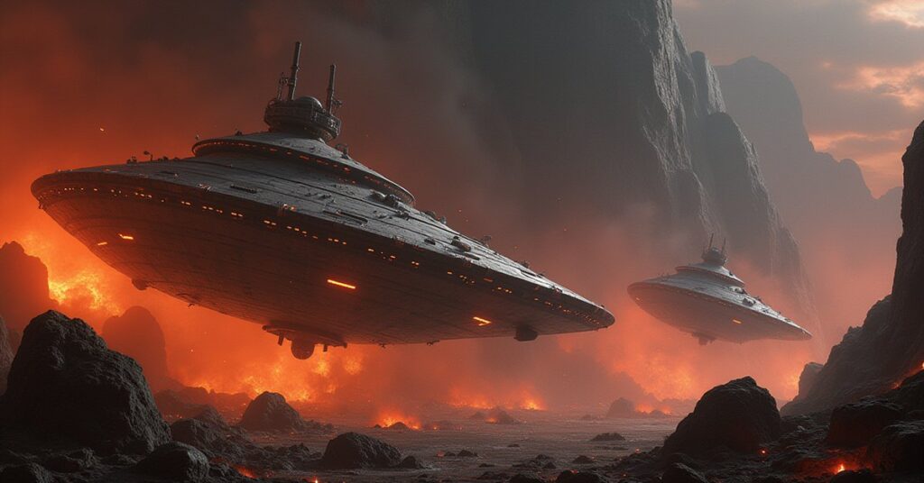 A mining ship harvesting ore beside Klingon vessels as a raider approaches in Star Trek Fleet Command
