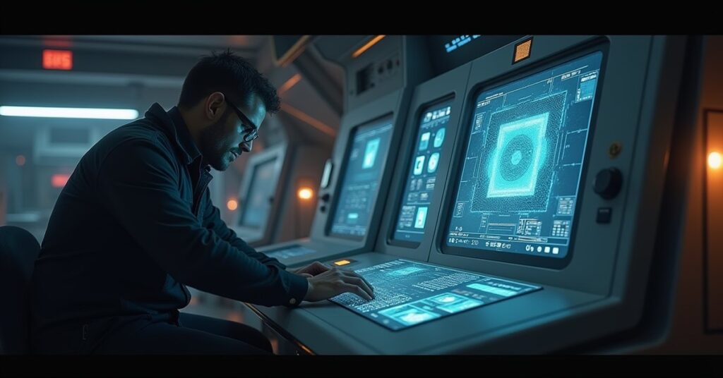 An engineer installs a glowing data core as a ship AI hologram reboots in Star Trek Fleet Command