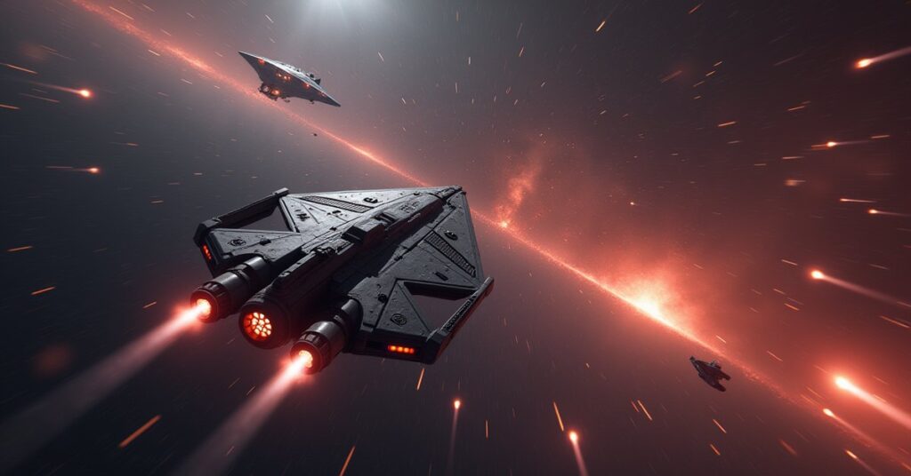 A starship chasing a stolen vessel toward a trading station in Star Trek Fleet Command