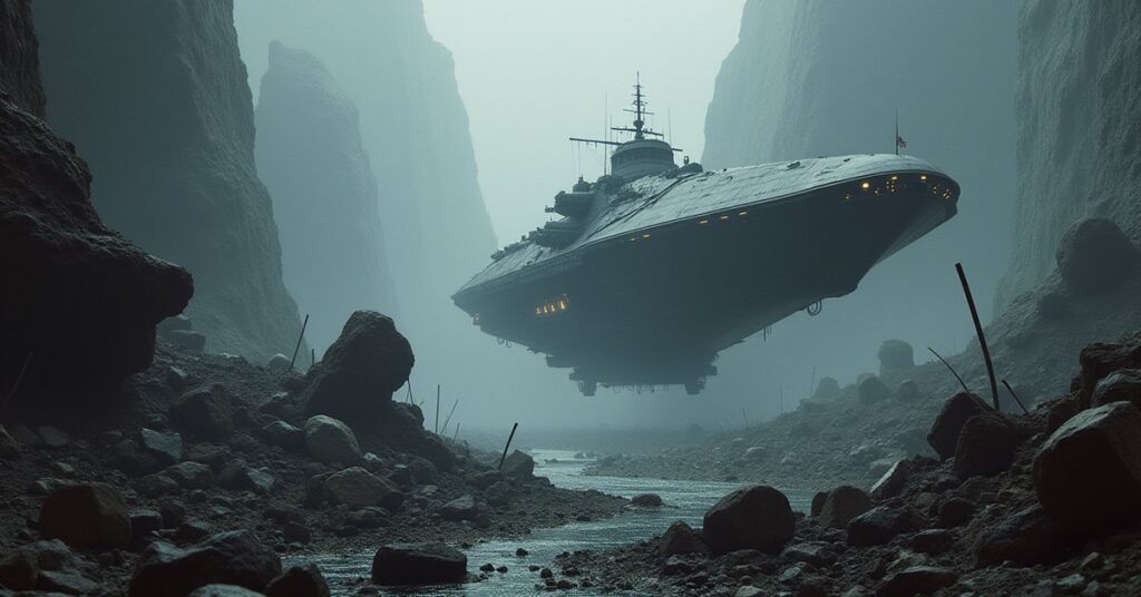 A starship searching a Starfleet wreckage yard as a guard ship moves in, in Star Trek Fleet Command