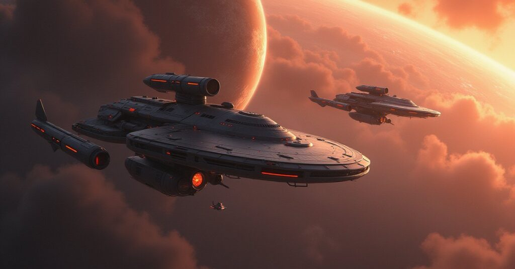 A starship orbiting a mining colony as a medical shuttle descends in Star Trek Fleet Command