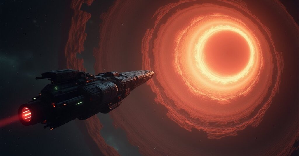 A starship approaching a swirling wormhole and a glowing singularity in Star Trek Fleet Command