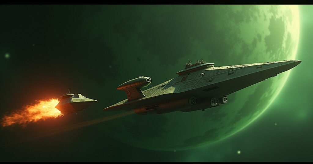 A Romulan warbird escorting a transport toward a green colony planet in Star Trek Fleet Command