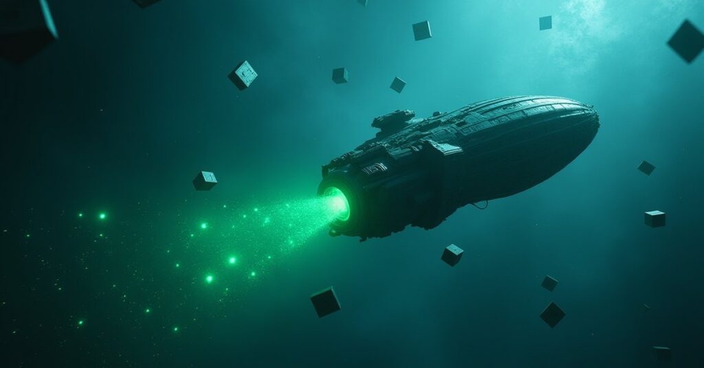 A starship collecting glowing nanoprobes from a Borg wreck in Star Trek Fleet Command