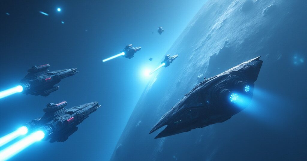 Andorian warships and a Starfleet ship attacking Xindi vessels above an icy mining world