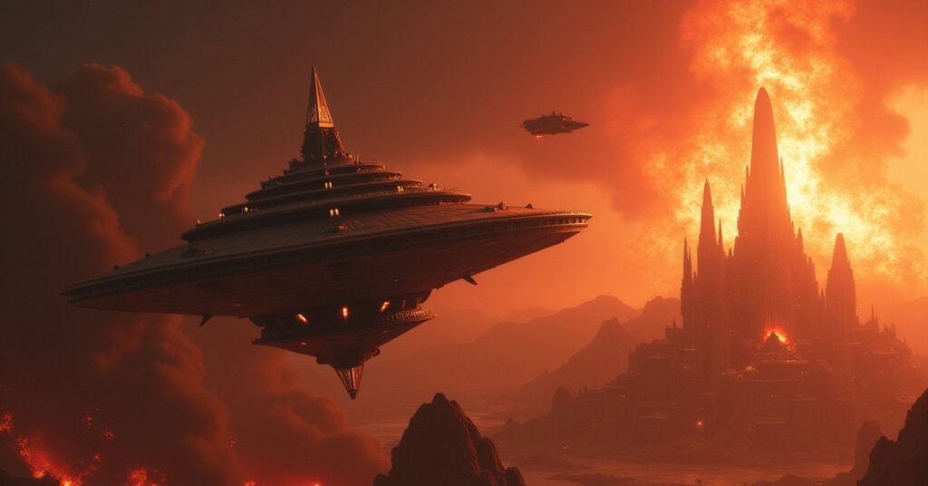 A Klingon fleet storming an orbital citadel as a small shuttle flees in Star Trek Fleet Command