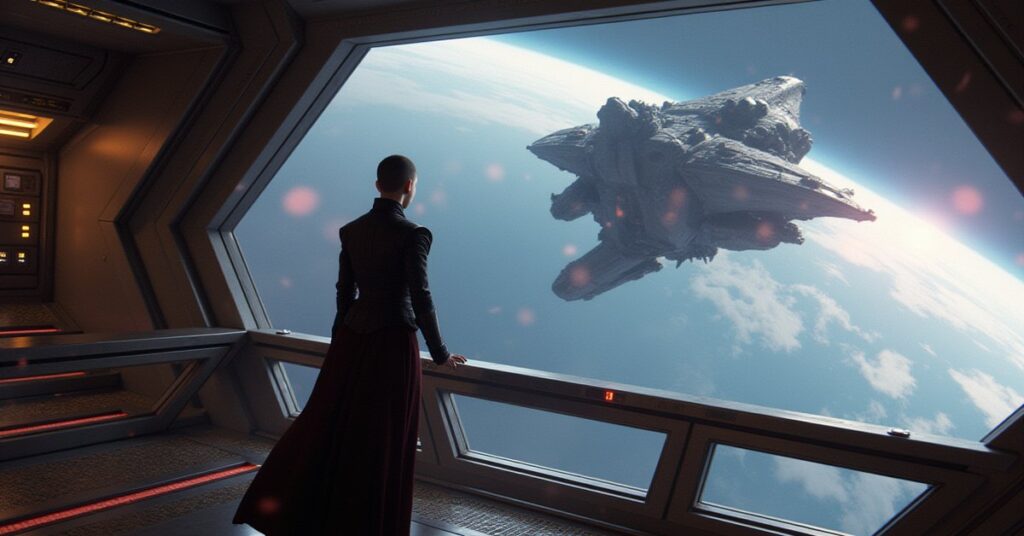 A young human in Klingon clothes on a starship bridge facing a Klingon warship in Star Trek Fleet Command