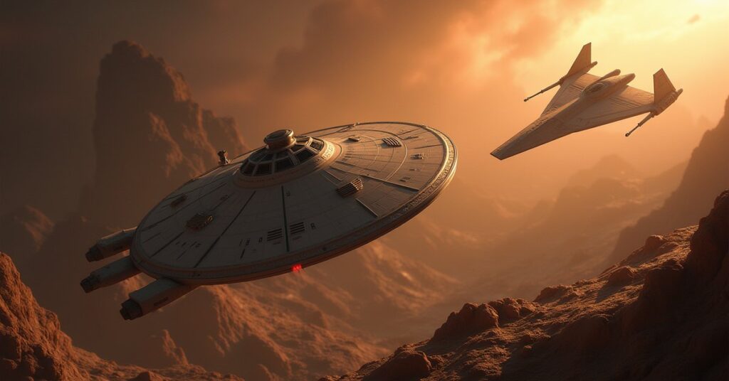 A Federation starship facing a Romulan warbird in a duel above a ruined colony in Star Trek Fleet Command