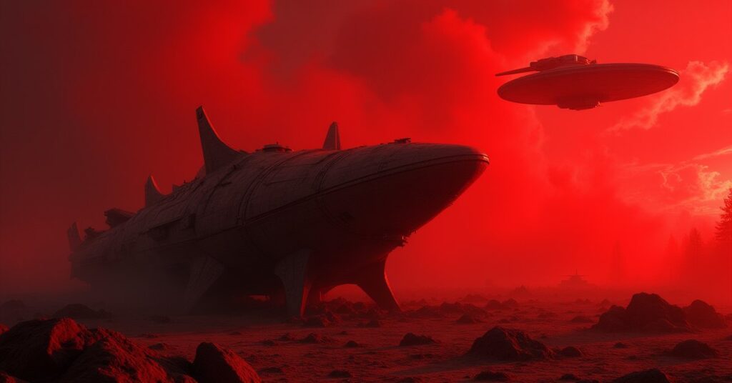 A glowing bat'leth buried on an old battlefield beneath a starship in Star Trek Fleet Command