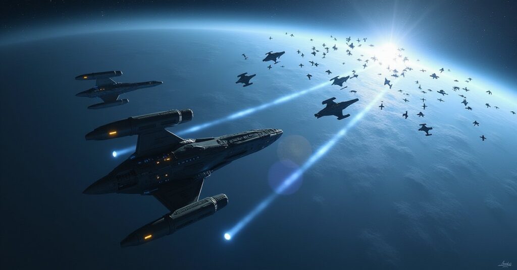 A combined Federation and independent fleet charging a Romulan fleet near a blue star in Star Trek Fleet Command