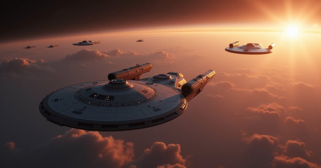 A Federation starship confronting an extremist ship near a Vulcan colony in Star Trek Fleet Command