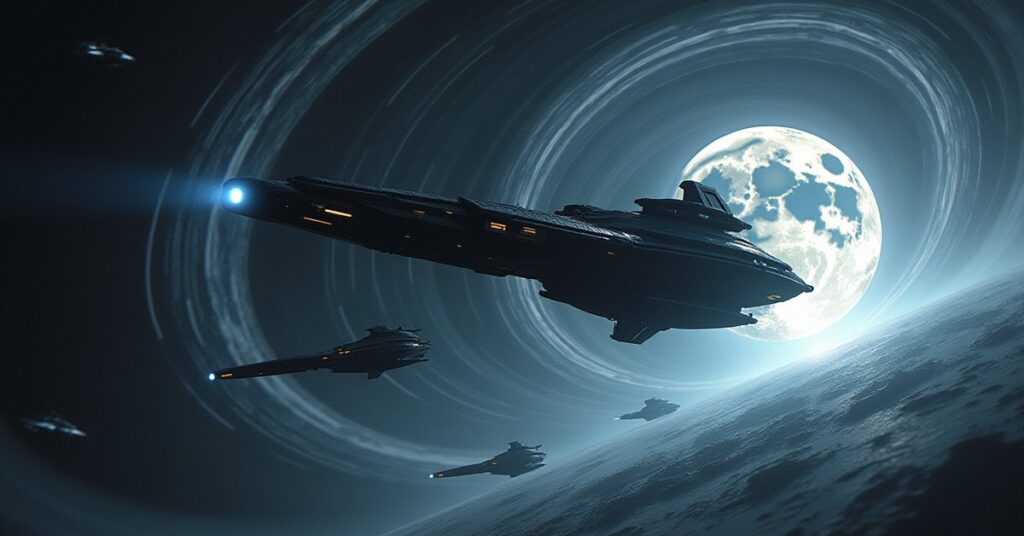 A starship emerging from a temporal vortex near the Moon as a Vulcan survey ship heads toward Earth