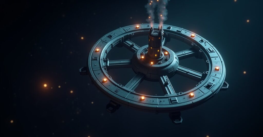 A small space station lighting up its operations tower after an upgrade in Star Trek Fleet Command