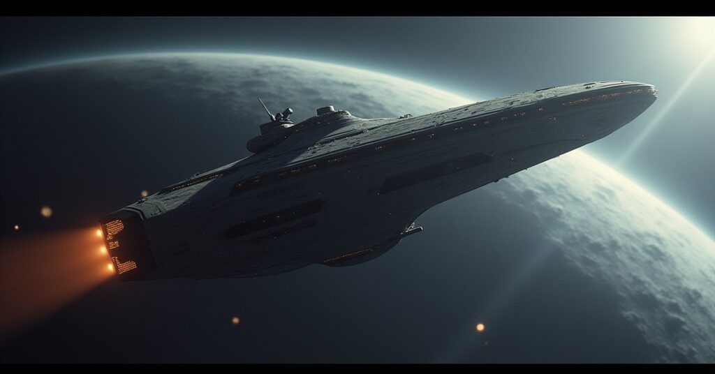 A starship intercepting a prison transport near a gas giant in Star Trek Fleet Command