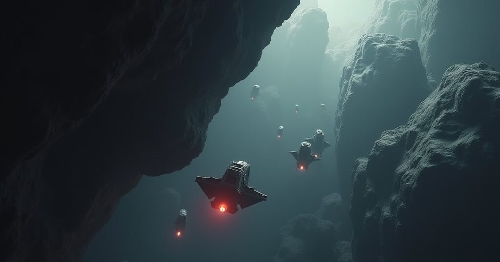 A drone drifting toward Ferengi and Orion ships waiting in ambush inside an asteroid field