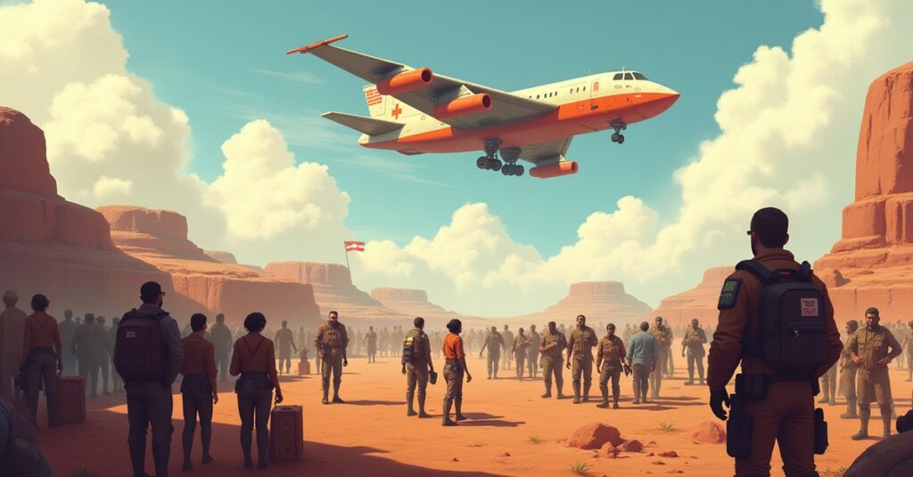 Medical crates are unloaded from a shuttle at a frontier colony gathering with a starship above