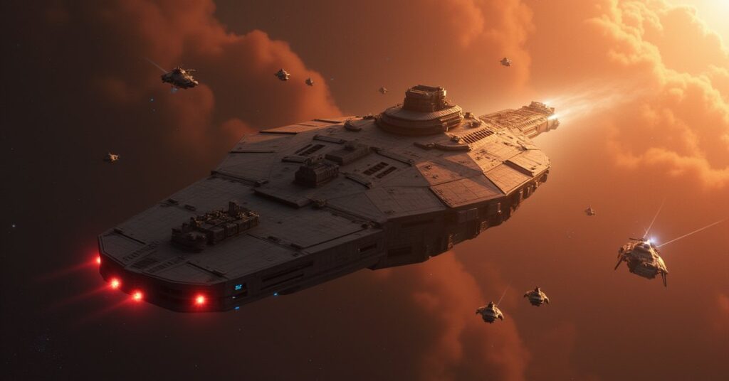 A starship defending a large private vessel from raiders near a hazy nebula