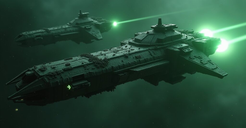 Borg-assimilated ships attacking a starbase with green beams in Star Trek Fleet Command