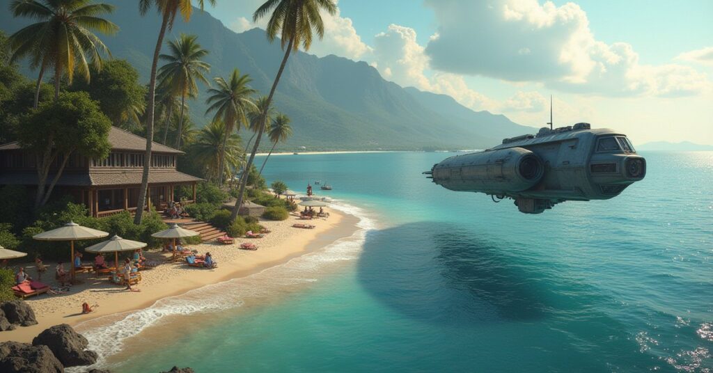 A small starship arriving at a tropical planet as an enforcer ship intercepts in Star Trek Fleet Command