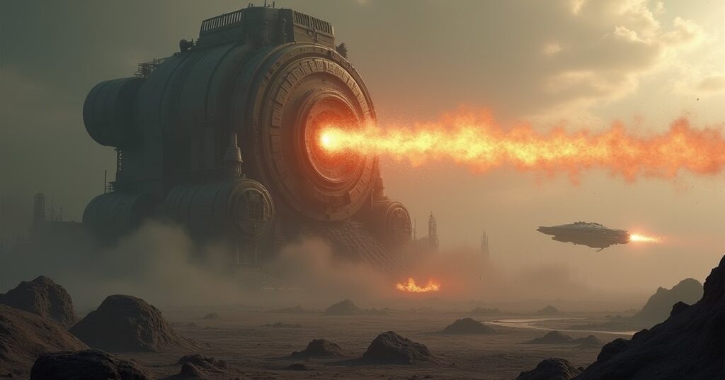 A starship attacking a huge terraforming machine above a dead grey planet in Star Trek Fleet Command