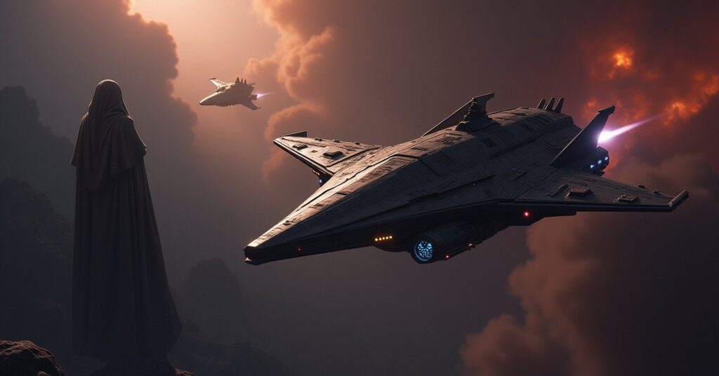 A Klingon ship and a starship meeting a Yridian trader as a cloaked ship lurks nearby in Star Trek Fleet Command