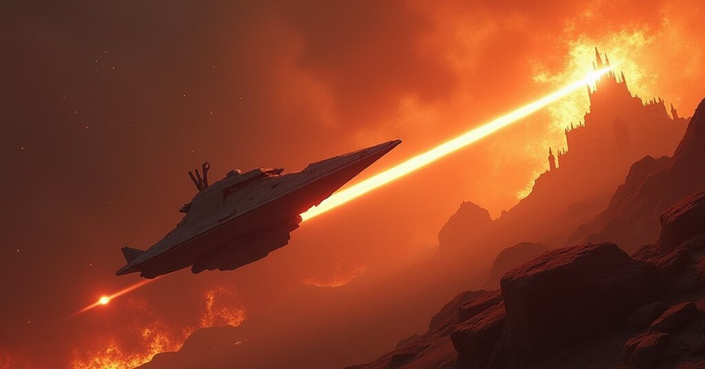 A Klingon warship following a warp trail away from a damaged temple on a Klingon world in Star Trek Fleet Command